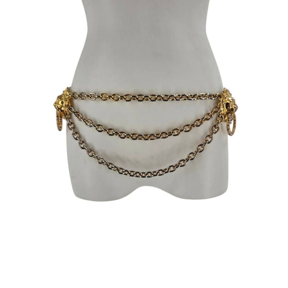 Vintage Lion Head Triple Chain Belt Rhinestone Doorknocker Gold Tone